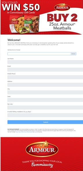 Armour Meatballs Text to Win Sweepstakes Entry Page