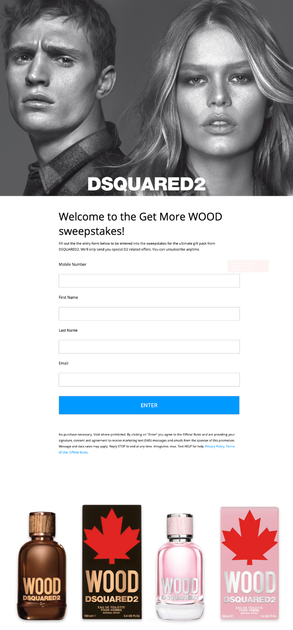 Dsquared2 Wood Fragrance Text to Win Sweepstakes Entry Page