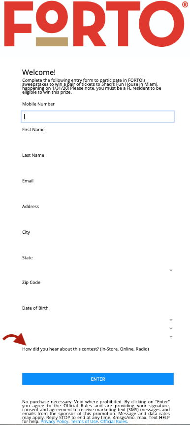 FORTO Coffee's Win a Trip to Shaq's Fun House Sweepstakes - Entry Page