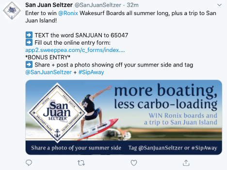 San Juan Seltzer Text to Win Sweepstakes Twitter Post