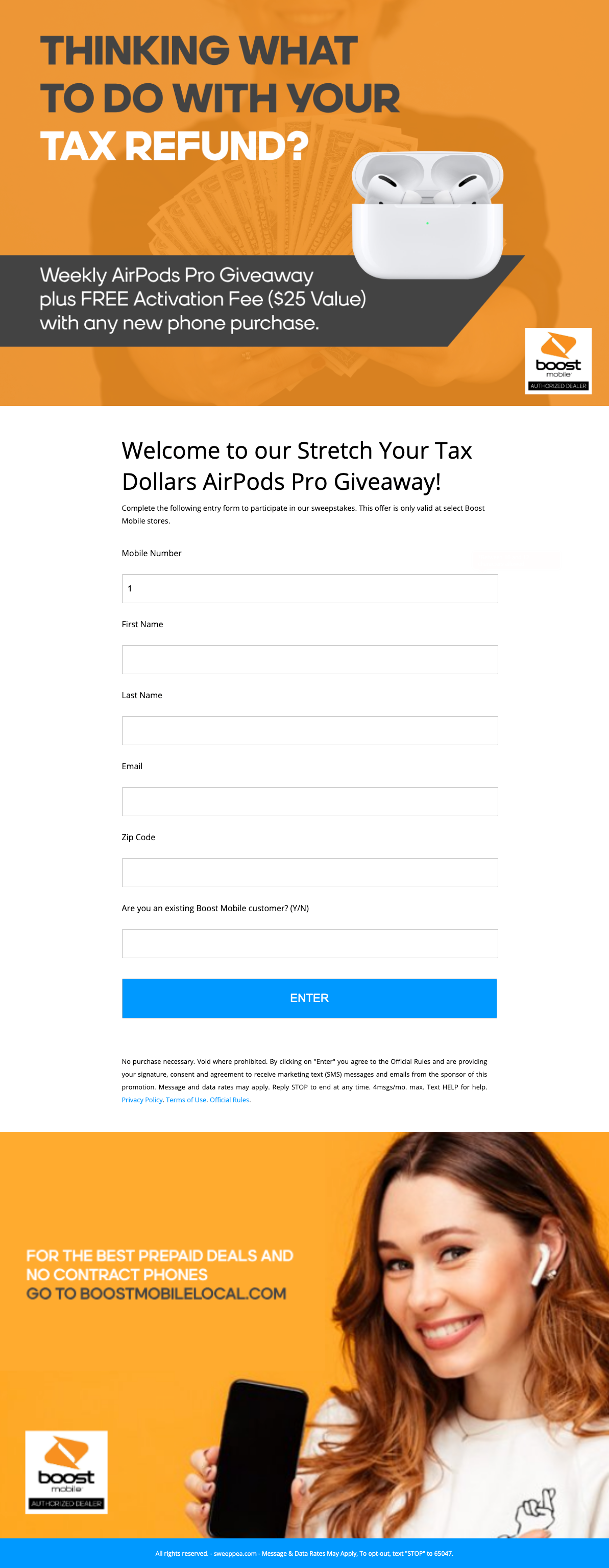 Boost Mobile Text to Win Sweepstakes Entry Page - Sweeppea 
